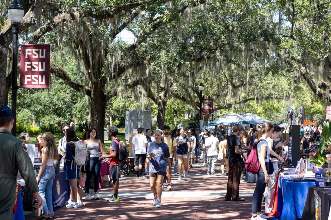 FSU students stroll down Legacy Walk under the live oaks on campus.