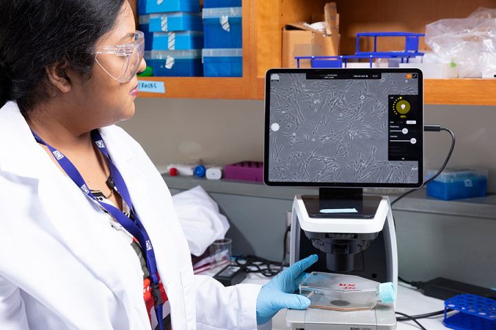 A scientist wearing protective gear examines a cell culture on a digital microscope screen in a laboratory setting.